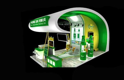 45平米展台设计制作：三面开口/前卫/型材结构/绿色，为糖酒展展商而作（免费使用）