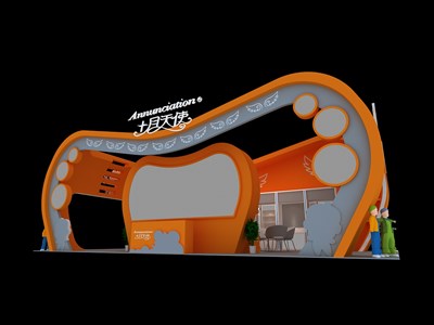 72平米展台设计制作：一面开口/现代/木质结构/橙色，为婴幼展展商而作（免费使用）