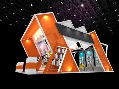 54平米展台设计制作：三面开口/现代/型材结构/橙色，为家电展展商而作（免费使用）