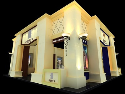 100平米展台设计制作：四面开口/欧式/木质结构/米色，为家具展展商而作（免费使用）